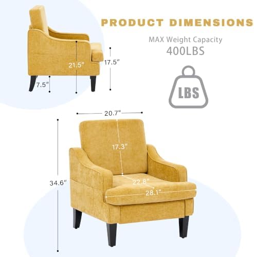 Set of 2 Accent Chair for Living Room,Mid-Century Arm Chair Chenille Fabric Living Room Chairs,Upholstered Reading Chair for Bedroom,Single Sofa Chair with Wood Legs for Apartment (Yellow)