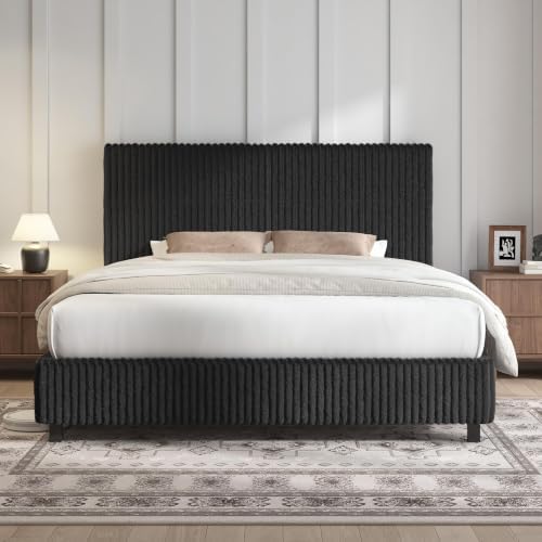 AMERLIFE Upholstered Bed Frame, Metal Bed with Headboard, Queen Black