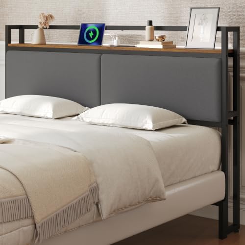 YATINEY Queen Headboard Only with Storage, Upholstered Head Board with Charging Station, Height Adjustable, Sturdy and Stable, Vintage Style, Rustic Brown, Gray and Black