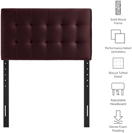 Modway Lily Twin Size Stain-Resistant Performance Velvet Headboard in Mulberry - Velvet Upholstery with Button Tufting and 4 Adjustable Height Positions