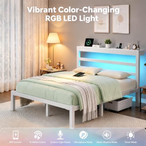 Queen Bed Frame with Charging Station and LED Lights Headboard, White
