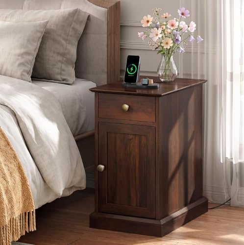 WLIVE Nightstand with Charging Station, Wood Bedside Table with Drawer and Storage Cabinet, Narrow End Tables with Hidden 2 USB Ports and 2 Outlets, Side Table for Bedroom, Espresso