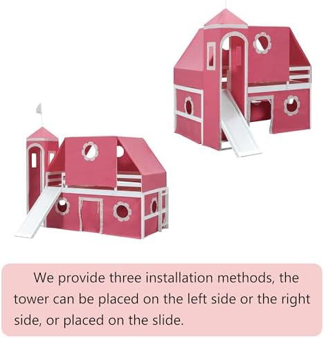 Castle Loft Bed with Slide & Tent and Tower, Playhouse Design Spacious Under Bed Space with Curtains, Wood Tent Bed Frame for Kids Boys Girls (Pink, Twin)