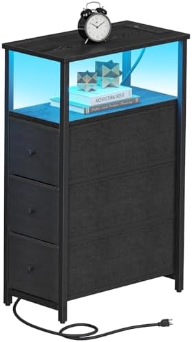 TUTOTAK Narrow LED Night Stand with Charging Station, Slim End Table