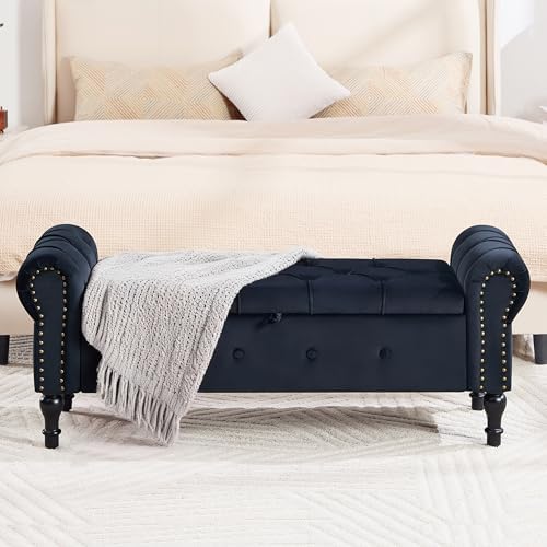 Storage Bench 51" Velvet End of Bed Benches Black