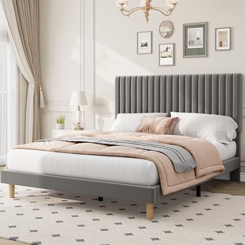 Full Bed Frame with Adjustable Headboard, Velvet Upholstered Platform Bed