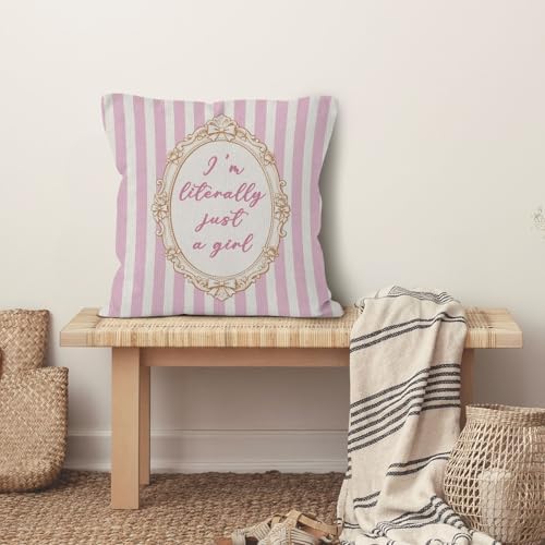 Preppy Pink Striped Girl Nursery Throw Pillow Cover 18x18, I'm Literally Just a Girl Decorative Pillow Covers for Girls Room Bedroom Dorm, Girly Pink Aesthetic Accent Pillows Cover Pillowcases
