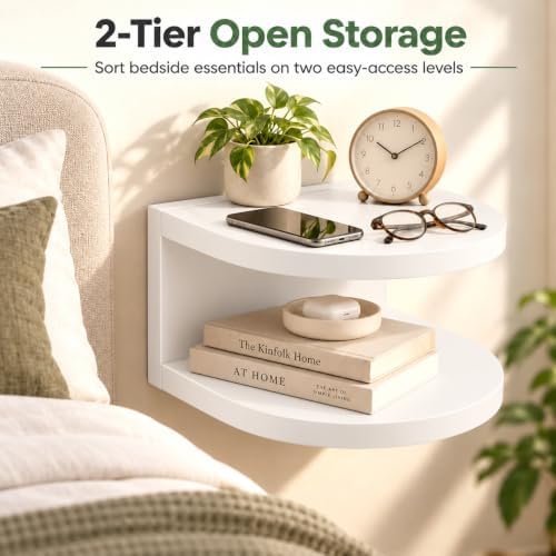 Bamboo Floating Wall Mounted Nightstand Wall Storage Shelf (2, White)
