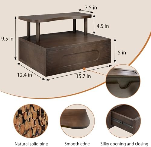 Floating Nightstand with Drawer - Brown Nightstand Floating Bedside Table, 2-Tier Wooden Bedroom Shelves for Wall, Morden Wall Mounted Nightstand for Bedroom, Bathroom, Study Room
