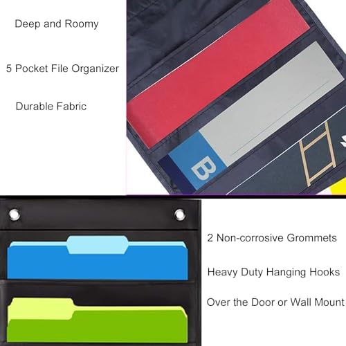 Hanging Wall File Organizer 5 Pocket with 2 Hooks (BLACK)