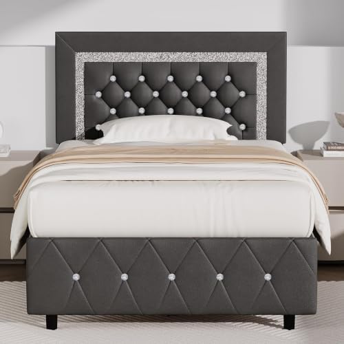 BarnFurin Twin Bed Frame with Diamond Tufted Headboard, Grey