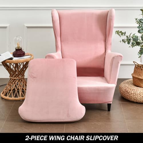 Wing Chair Slipcovers, 2 Piece Stretch Wingback Chair Cover Soft Velvet Armchair Covers with Elastic Bottom for Living Room Bedroom (Pink)