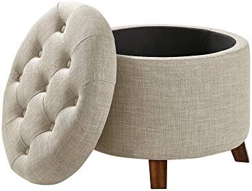 Amazon Basics Round Storage Ottoman Foot Rest, Button Tufted Upholstered Footstool with Storage, Sturdy Linen Fabric for Living Room and Bedroom, 20" x 17", Beige
