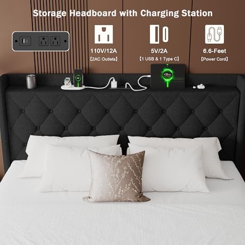 GalnFu Queen Size Bed Frame with Storage, Upholstered Queen Lift up Storage Bed Frame with Charging Station, Button Tufted Headboard, No Box Spring Needed, Easy Assembly, Noise Free, Black