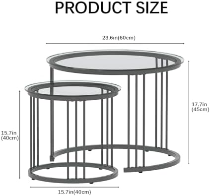 Garden 4 you Nesting Coffee Table, 23.6" Round Coffee Table Set of 2, Glass Nesting Table with Metal Frame, Ceter Tables for Living Room Bedroom Balcony, Grey