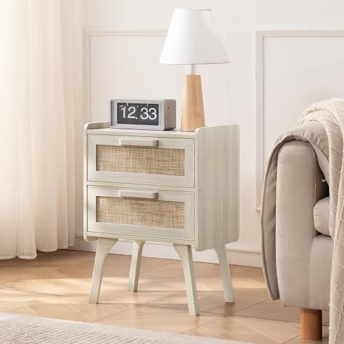 Lerliuo Rattan Night Stand for Bedroom, 2 Drawers