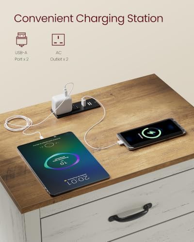 VASAGLE 23.6‑Inch Farmhouse Nightstand with Charging Station, 3 Drawers