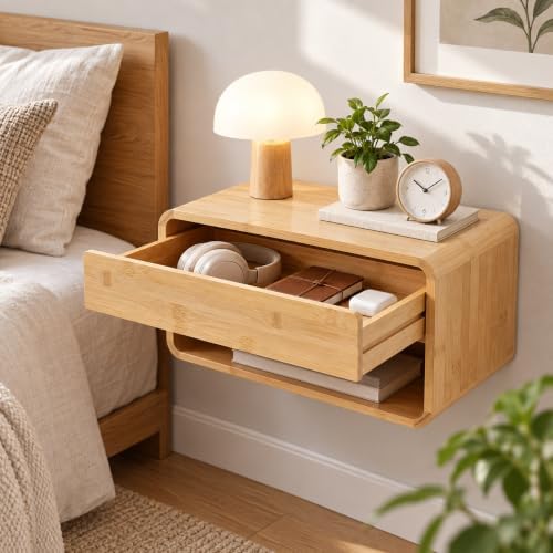 Bamboo Floating Nightstand with Storage Drawer for Living Room Office