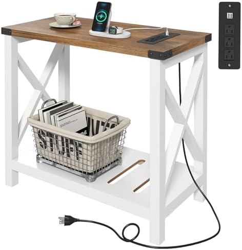 Hadulcet Farmhouse Side Table with Storage Shelf - Narrow End Table with Charging Station, Slim End Tables Living Room, Rustic X-Design Nightstand for Bedroom, Small Space, White & Brown