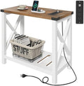 Hadulcet Farmhouse Side Table with Storage Shelf - Narrow End Table with Charging Station, Slim End Tables Living Room, Rustic X-Design Nightstand for Bedroom, Small Space, White & Brown