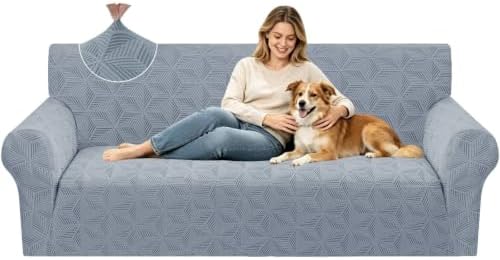 ZNSAYOTX Stretch Couch Cover, 1 Piece Sofa Covers for 3 Cushion Couch, Jacquard Sofa Slipcovers with Elastic Bottom Thickened Furniture Protector for Dog Cat Pet (Large, Light Grey)