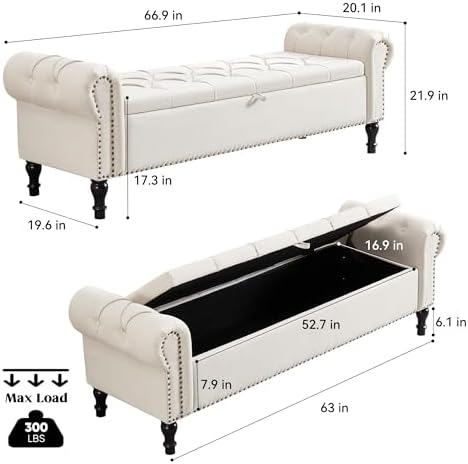 67 Inch Storage Bench for Bedroom, King Size End of Bed Bench, Upholstered Bench with Rolled Arms, Linen Tufted Button Storage Ottoman Benches, Living Room, Entryway, Cream Beige