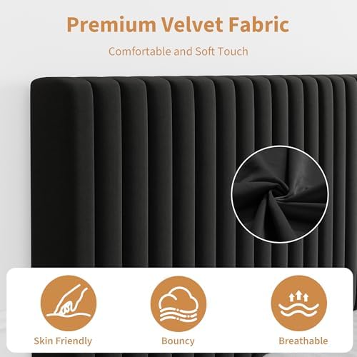 King Bed Frame with Adjustable Headboard, Velvet Upholstered Platform Bed