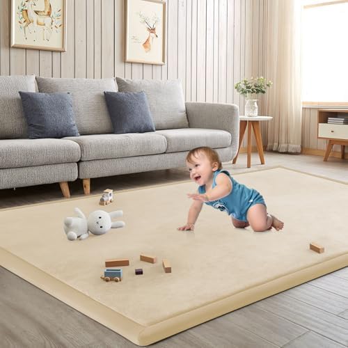 Baby Play Mat for Floor Nursery Rug Muscle Mat Area Rug Playroom Rug Playpen Mat Elastic Foam 1.3" Thick Crawling Mat for Babies,Toddlers, Infants, Kids 79"x118",A Beige