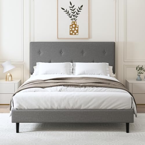 Full Size Linen Bed Frame with Adjustable Headboard Grey
