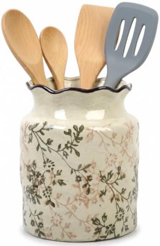 Ceramic Utensil Holder for Kitchen Counter, Vintage Floral Farmhouse Décor