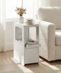 White Narrow Side Table, Slim End Table with Charging Station