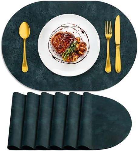 ADRIMER Oval Placemats Set of 6, Wipeable Faux Leather, Dark Blue