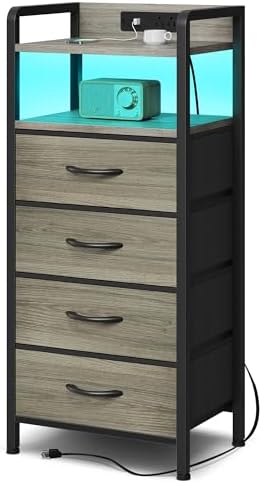 Lazzanto Nightstand with Rear Charging Station, LED Light, 4 Drawers, Grey