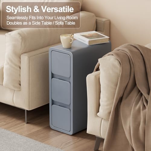 AQIMUELE Narrow Bedside Table,Narrow Night Stand with Drawers,Small Night Stand with Leather Surface for Bedroom, Dark Gray