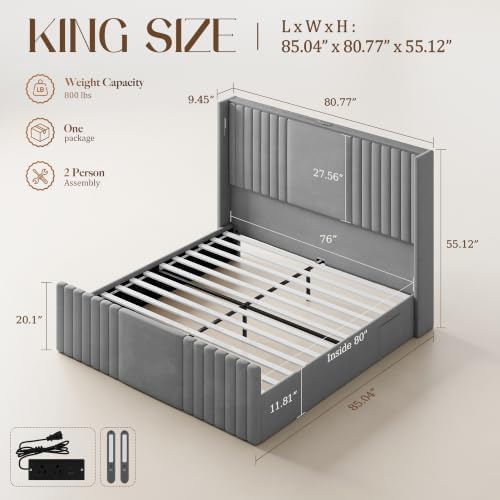 55" Tall King Size Platform Bed Frame with 2 Reading Lights, Grey