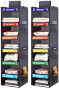 2 Pack 6-Shelf Weekly Clothes Organizer for Kids, Hanging Daily Closet Organization with 6 Side Pockets, Days of The Week Clothing Divider Storage for Boys and Girls (Grey)