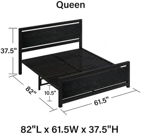 Queen Metal Bed Frame with Industrial Headboard, Black