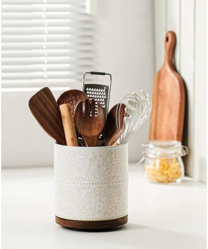 Kitchen Utensil Holder, 360° Rotating Extra Large Ceramic Utensil Holder with Embossed Pattern, 7.3” Cooking Utensil Crocks for Kitchen Countertop, Home Decor, Off-White, Lace Pattern