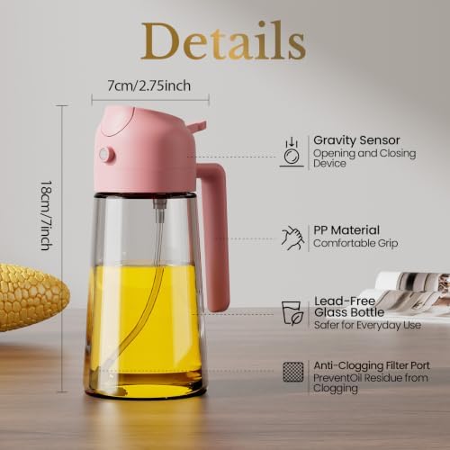 YARRAMATE Olive Oil Dispenser, 2 in 1 Oil Sprayer for Cooking, 17oz/500ml Glass Oil Spray Bottle with Pourer, Food-grade Oil Dispenser and Oil Sprayer for Kitchen, Salad, Frying (24_4pcs pinkset)