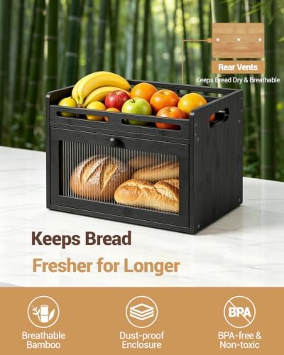 Bread Box for Kitchen Countertop, Bamboo Storage with Top Shelf, Black
