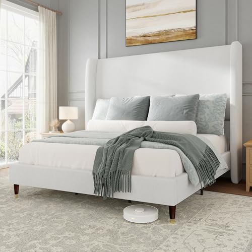 Jocisland Full Size Bed Frame Tall Wingback Headboard Upholstered, White
