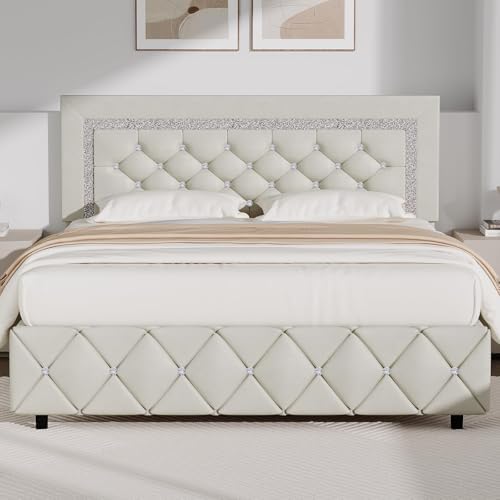 BarnFurin Queen Bed Frame with Diamond Tufted Headboard, Cream