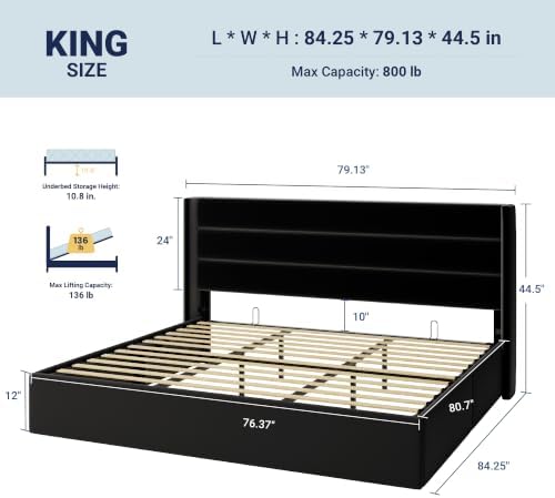 Allewie King Size Lift Up Hydraulic Storage Bed Frame Black