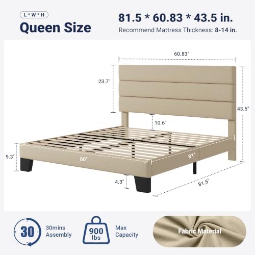 Allewie Queen Size Platform Bed Frame with Fabric Upholstered Headboard