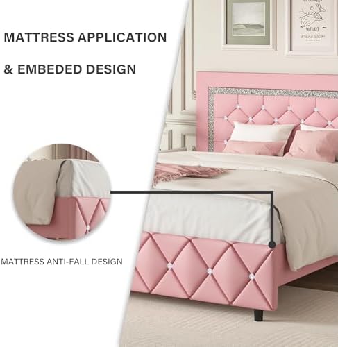 Queen Size Bed Frame, Faux Leather Upholstered Bed with Diamond Headboard