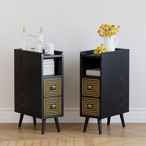 7.8" Narrow Nightstand Set of 2 with 2 Drawers & Open Storage,Black