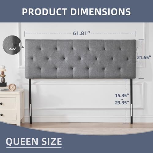 Linen Headboard Queen Size Only, Adjustable Height 37-51 in, Light Gray