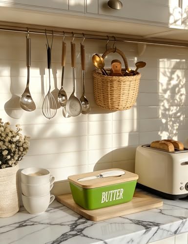 Ceramic Butter Dish with Lid and Knife & Silicone Seal for Countertop Green