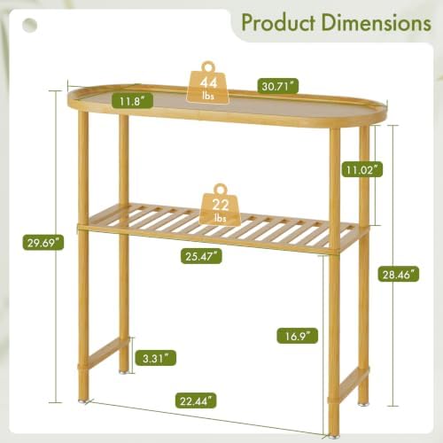 Small Entryway Table Bamboo 30.7", Narrow Hallway Table Oval Top 2-tier, Slim Console Table with Anti-fall Edge, Sofa Side Table 5min Easy Assembly, Small TV Stand for Bedroom, Indoor Plant Stand