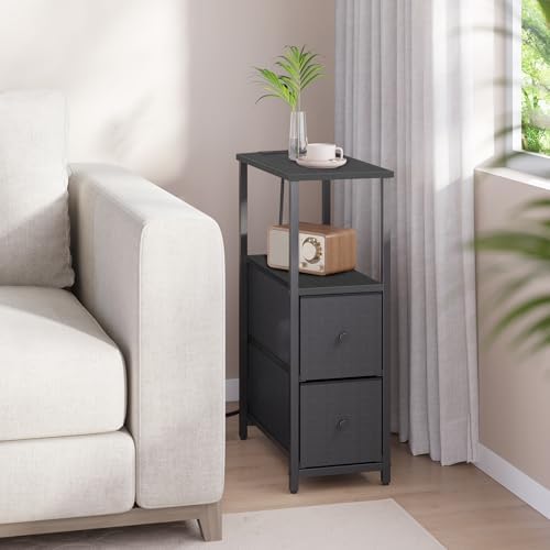 TUTOTAK Narrow LED End Table, Skinny Side Table with Charging Station